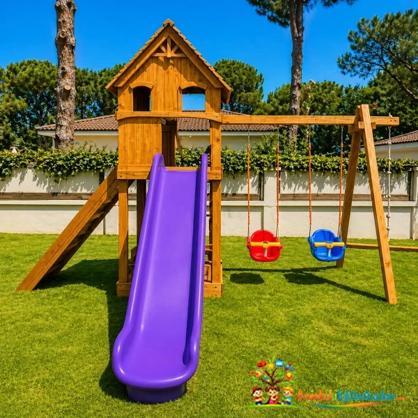 Ahşap Kaydıraklı ve Salıncaklı Çocuk Oyun Parkı (Ev Tipi)