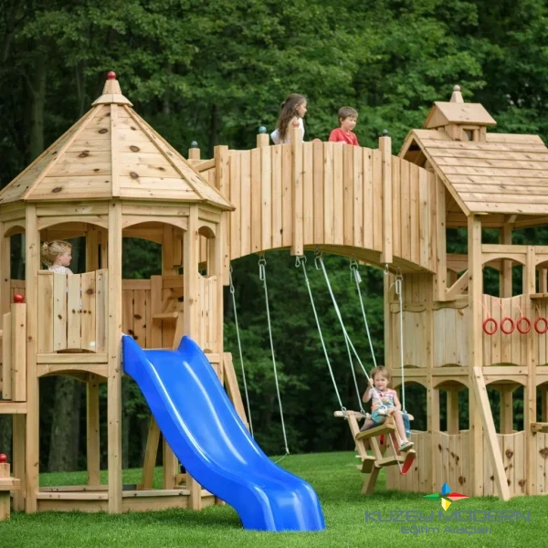 Ahşap Çocuk Oyun Parkı Kuleli Kaydıraklı Set