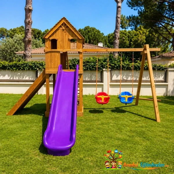 Ahşap Çocuk Oyun Parkı Kaydıraklı Salıncaklı Oyun Evi