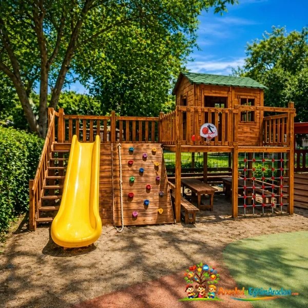 Ahşap Evli Kaydıraklı ve Tırmanmalı Çocuk Oyun Parkı
