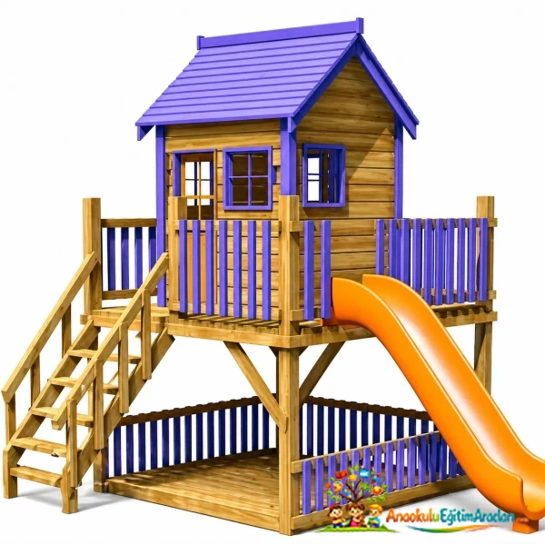 Ahşap Platformlu Kaydıraklı Çocuk Oyun Evi (Kule Model)