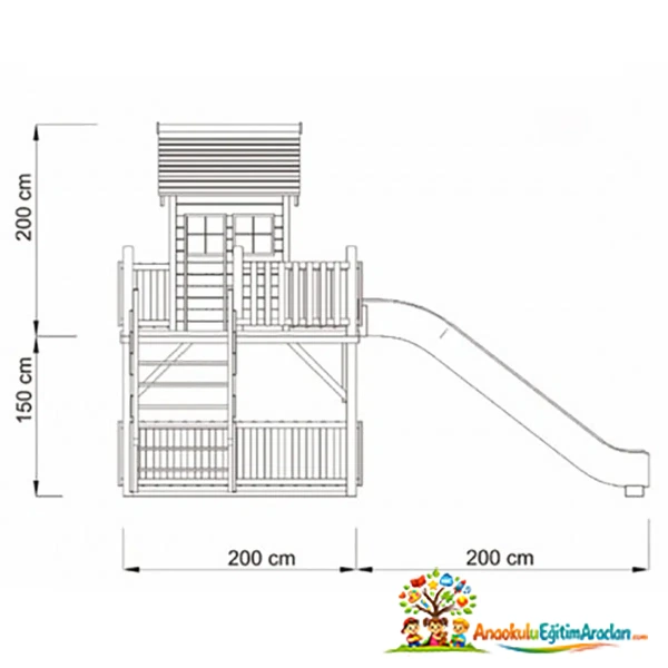 Ahşap Platformlu Kaydıraklı Çocuk Oyun Evi (Kule Model)