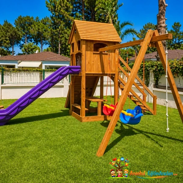 Ahşap Kaydıraklı ve Salıncaklı Çocuk Oyun Parkı (Ev Tipi)
