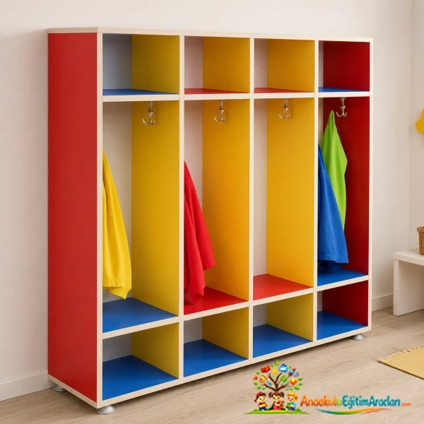 Açık Bölmeli Anaokulu Portmanto Vestiyer Dolabı – Ahşap Kreş Çocuk Dolabı 120x30x130 cm
