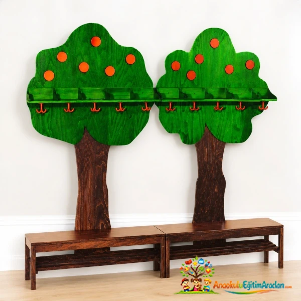 Anaokulu ve Kreşler İçin Ağaç Figürlü Ahşap Portmanto Vestiyer Dolabı 150x35x160 cm