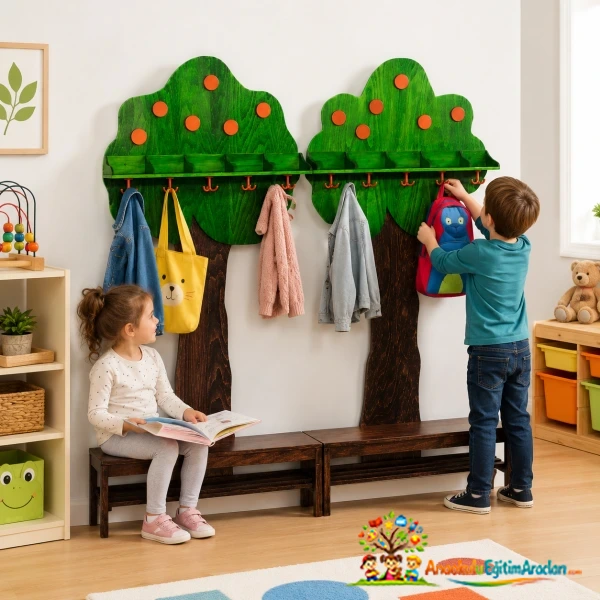 Anaokulu ve Kreşler İçin Ağaç Figürlü Ahşap Portmanto Vestiyer Dolabı 150x35x160 cm