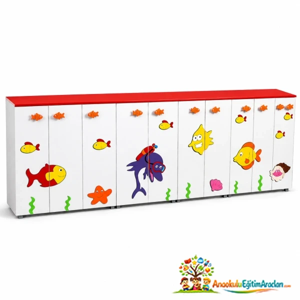 Ahşap Anaokulu Portmantosu ve Vestiyer Dolabı | Kreş Çocuk Dolabı 320x180 cm