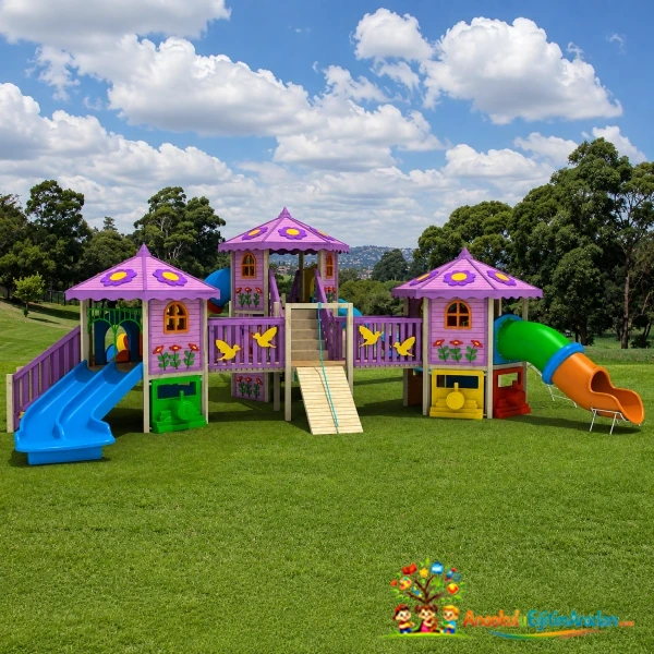Çok Kuleli Ahşap Çocuk Oyun Parkı 12x6 m – Model AHP-814
