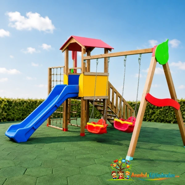 Model 718 Emprenyeli Ahşap Çocuk Oyun Parkı – Anaokulu Bahçe Oyun Grubu