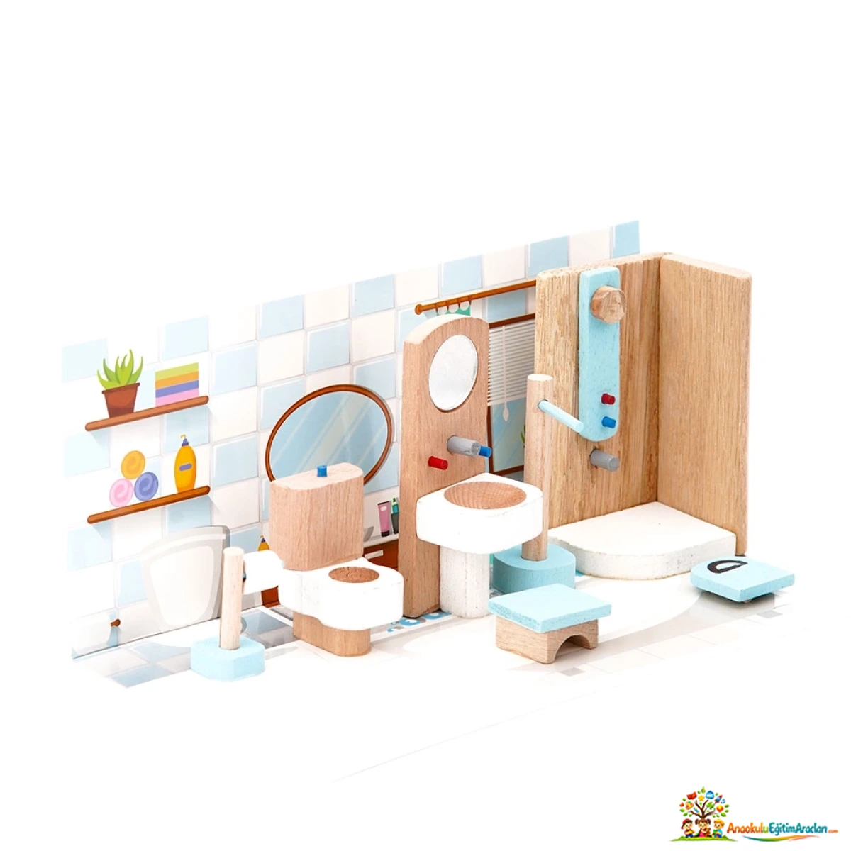 Ahşap Minyatür Banyo Seti – Doğal Kayın Evcilik ve Rol Oyunu