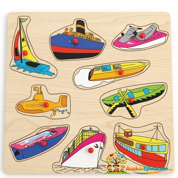Ahşap Puzzle Deniz Taşıtları 30x30 cm – 9 Figürlü Eğitici Puzzle