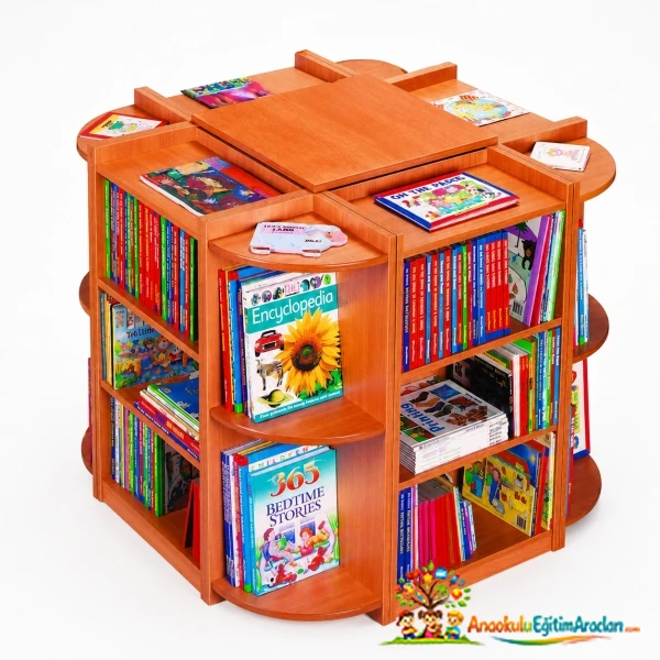 Anaokulu 4 Taraflı Kitaplık | Ahşap Çocuk Kitap Adası