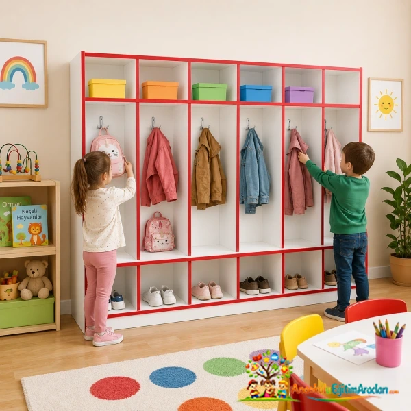 Anaokulu ve Kreşler İçin Ahşap Portmanto Vestiyer Dolabı 130x35x136 cm