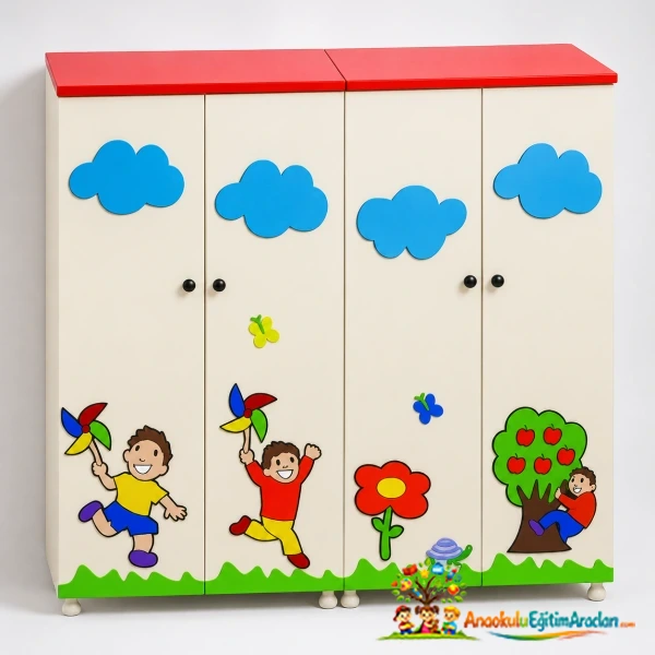 Anaokulu ve Kreşler İçin Ahşap Portmanto Vestiyer Dolabı 80x37x190 cm