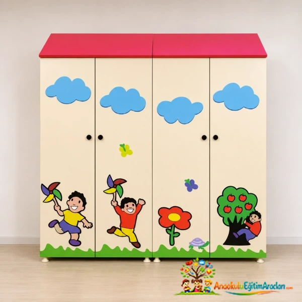 Anaokulu ve Kreş İçin Ahşap Portmanto Vestiyer Dolabı – Desenli Çocuk Gardırop Modeli