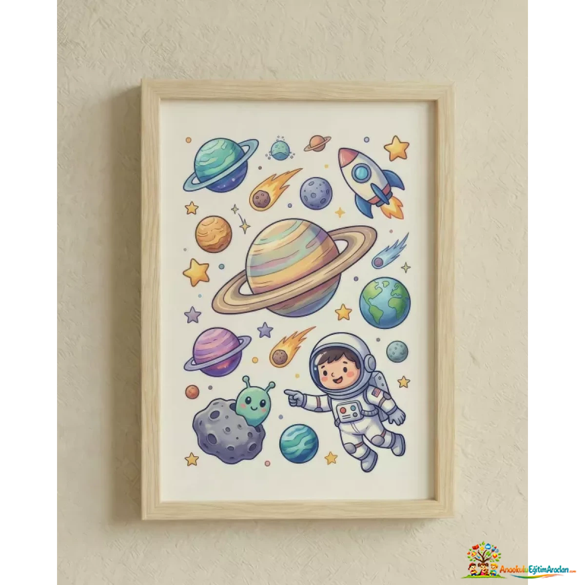 Montessori Astronot Çocuk Odası Tablosu 35x50 cm – Ahşap Çerçeveli Dekor AST-914