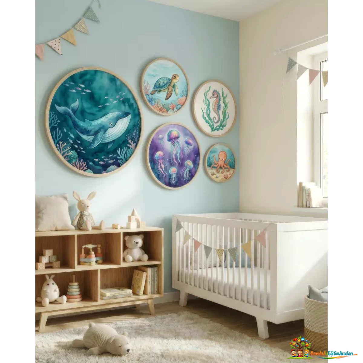 Montessori Deniz Canlıları Çocuk Odası Tablosu 35x50 cm – Ahşap Çerçeveli Dekor DCL-684