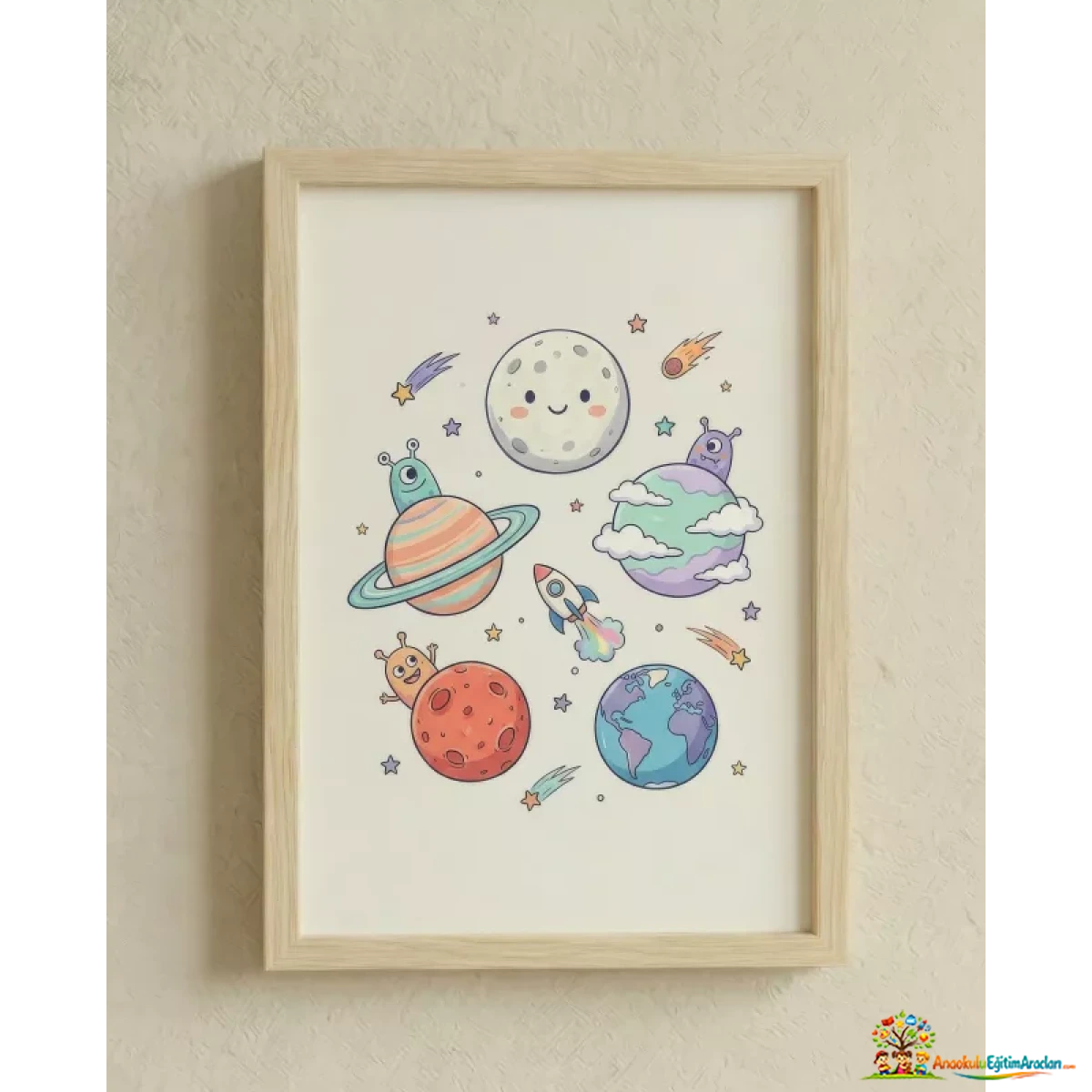 Montessori Gezegen Kardeşler Çocuk Odası Tablosu 35x50 cm – Ahşap Çerçeveli Dekor GKR-582