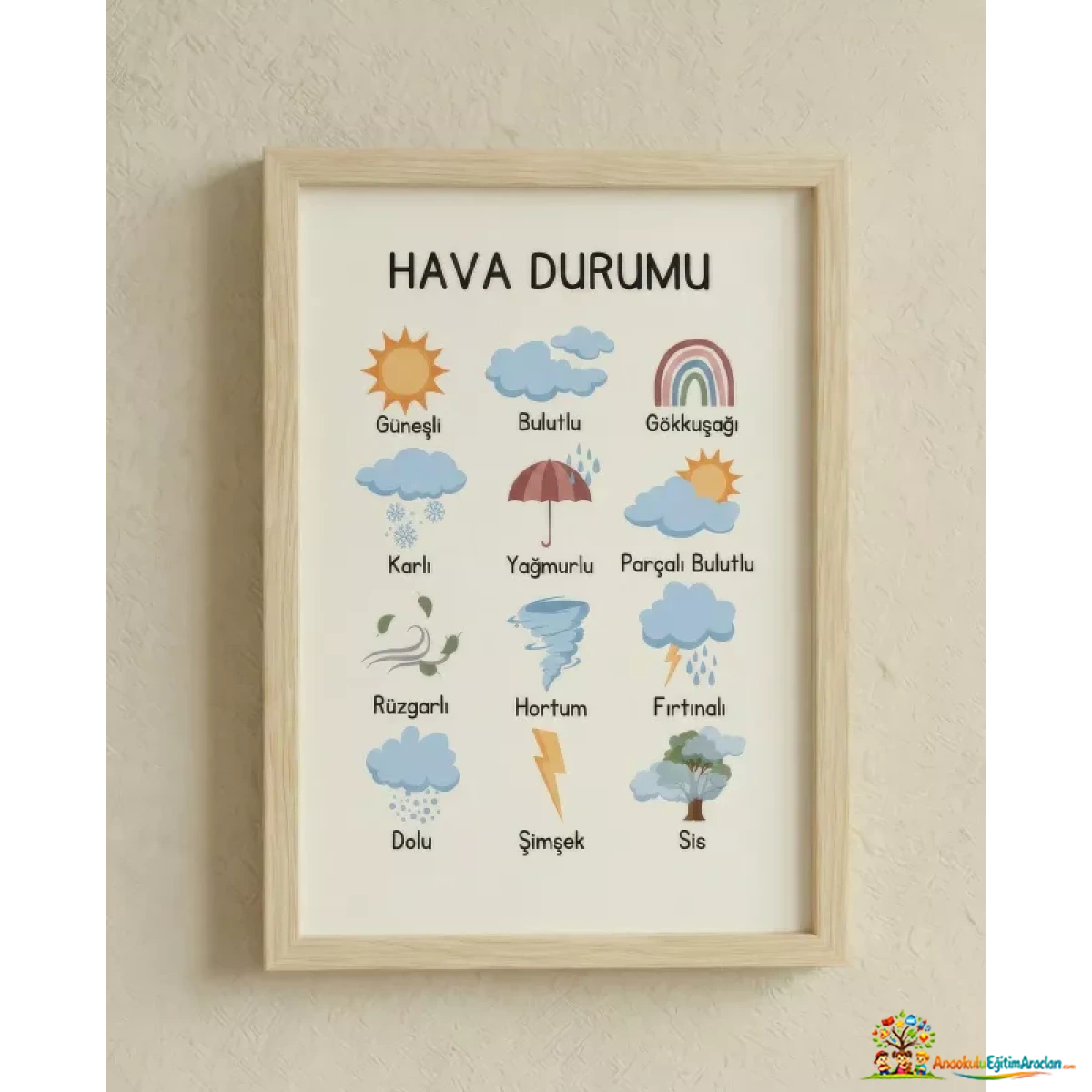 Montessori Hava Durumu Çocuk Odası Tablosu 35x50 cm – Ahşap Çerçeveli Eğitici Duvar Dekoru HDT-692