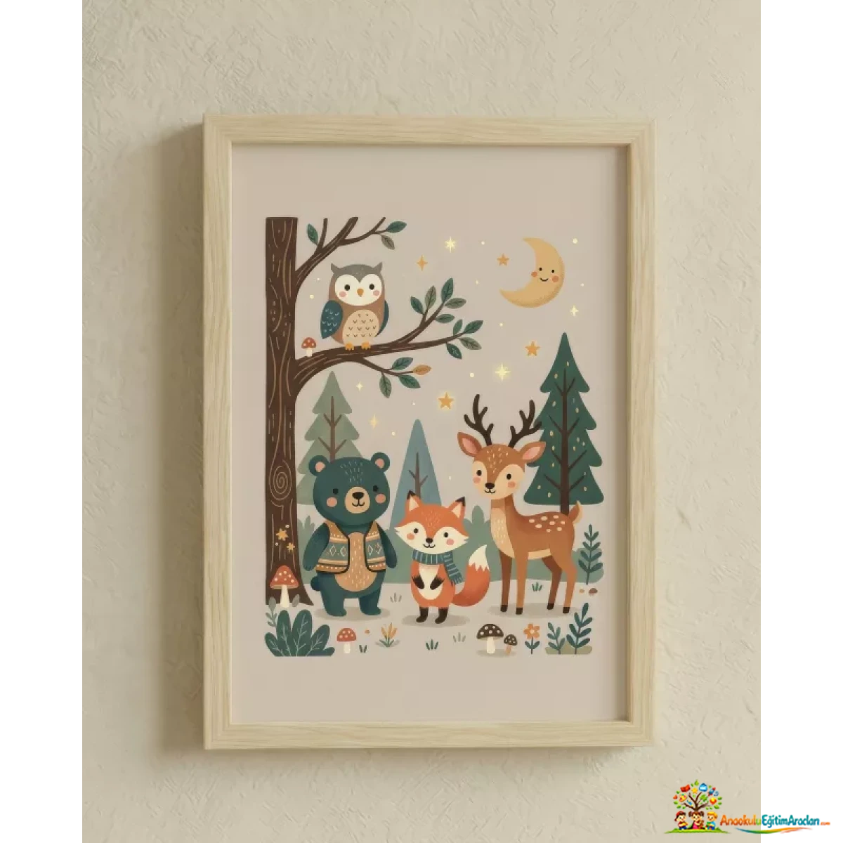 Montessori Ormanda Gece Çocuk Odası Tablosu 35x50 cm – Ahşap Çerçeveli Dekor OGT-742