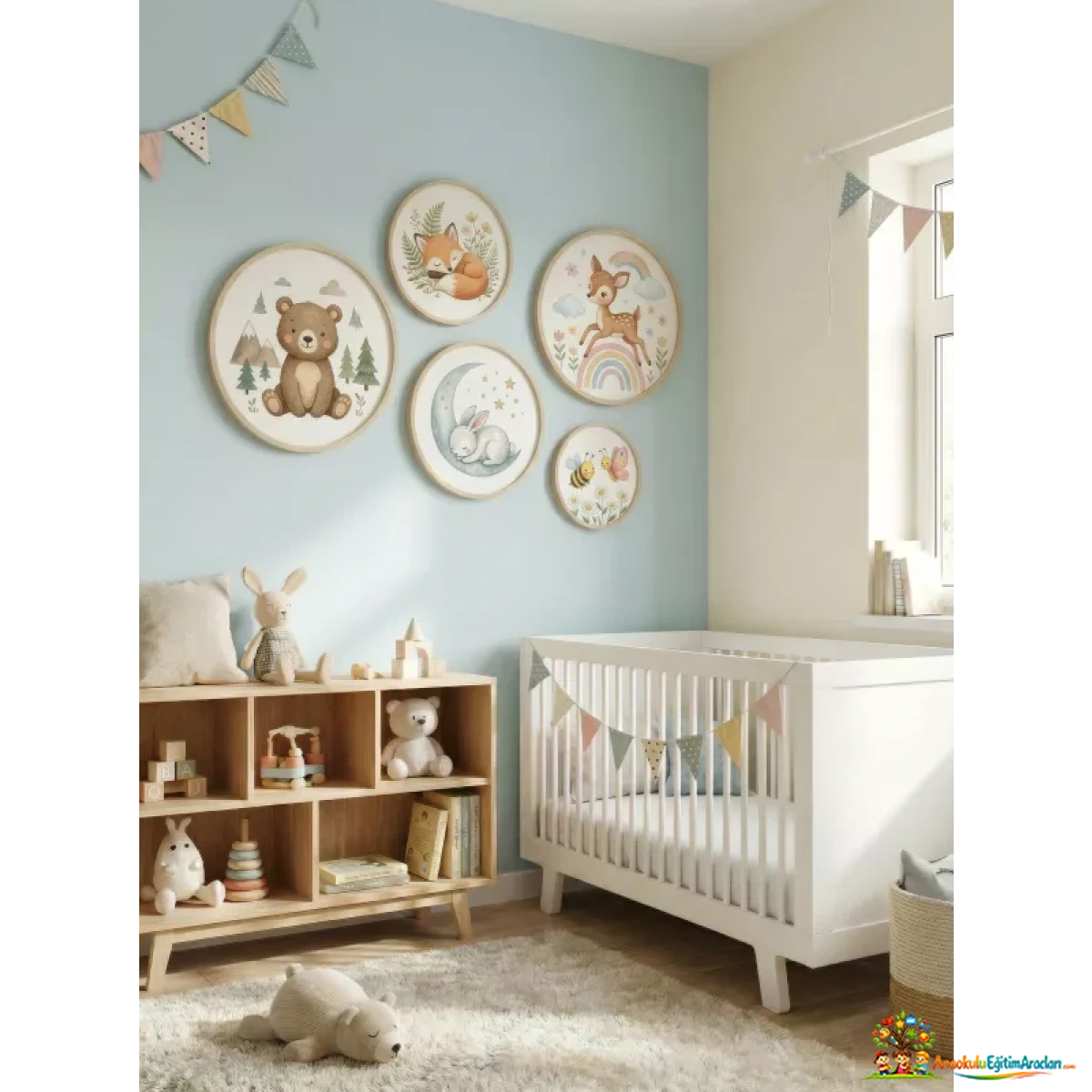 Montessori Sevimli Hayvanlar Yuvarlak Çocuk Odası Tablo Seti – 5’li Ahşap Çerçeveli Dekor