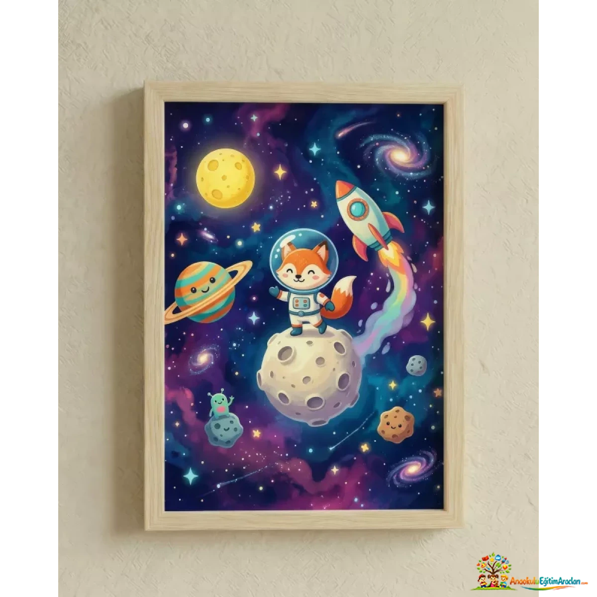 Montessori Uzay Çocuk Odası Tablosu 35x50 cm – Ahşap Çerçeveli Dekor UZT-627