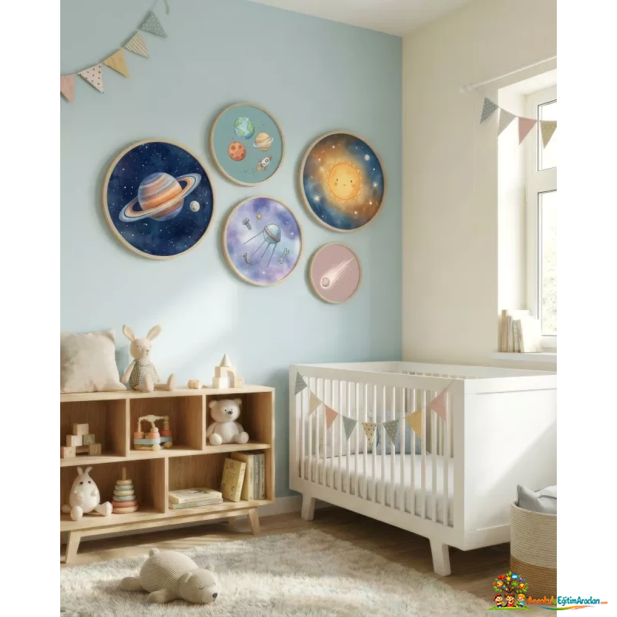 Montessori Uzay Temalı Çocuk Odası Tablosu 35x50 cm – Ahşap Çerçeveli Dekor UTM-756