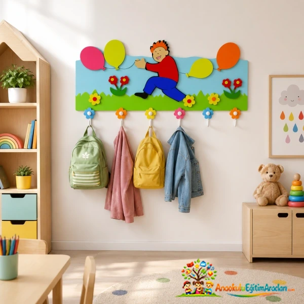 Balon ve Çocuk Figürlü Ahşap Anaokulu Askılığı – Kreş ve Montessori Duvar Askısı