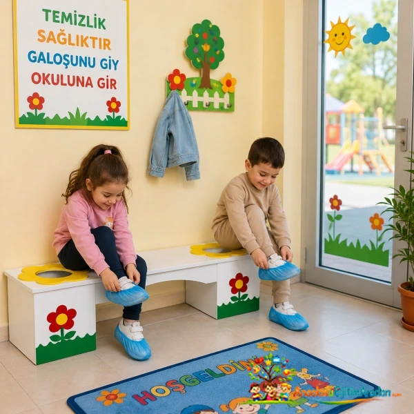 Banklı Ahşap Galoşluk Oturma Ünitesi