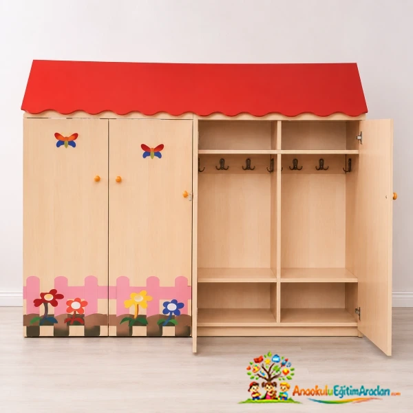 Çatılı Anaokulu Portmanto Vestiyer Dolabı – Ahşap Kreş Çocuk Dolabı 160x30x175 cm