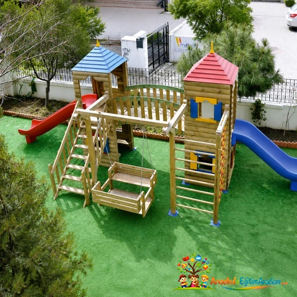 Çift Kuleli Köprülü Ahşap Çocuk Oyun Parkı 9x3 m – Model AHP-923