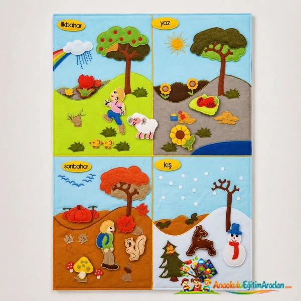 Cırtlı Kumaş Mevsimler Panosu 48x68 cm – Anaokulu Eğitici Mevsim Öğrenme Seti