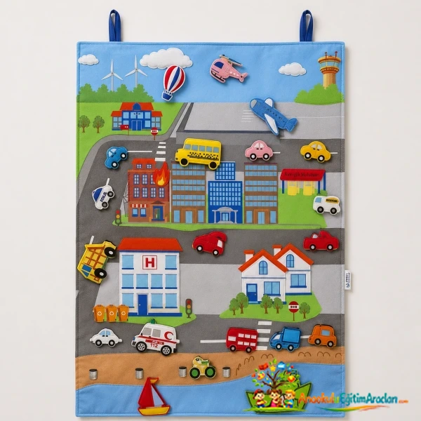Cırtlı Kumaş Taşıtlar Panosu 47x67 cm – Anaokulu ve Montessori Eğitici Araçlar Eğitim Seti