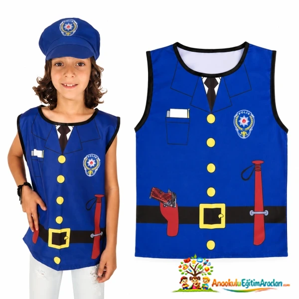 Anaokulu ve Kreş İçin Şapkalı Çocuk Polis Kostümü