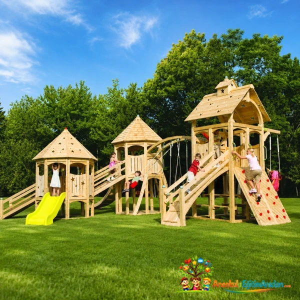 Çok Kuleli Tırmanma ve Kaydıraklı Ahşap Oyun Parkı – Model 832