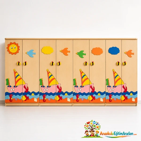 Deniz Temalı Anaokulu Portmantosu | Ahşap Kreş Vestiyer Dolabı 300x160 cm