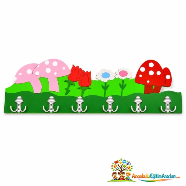 Mantar Figürlü Ahşap Anaokulu Askılığı | Kreş ve Montessori Duvar Askılığı