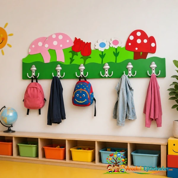 Mantar Figürlü Ahşap Anaokulu Askılığı | Kreş ve Montessori Duvar Askılığı