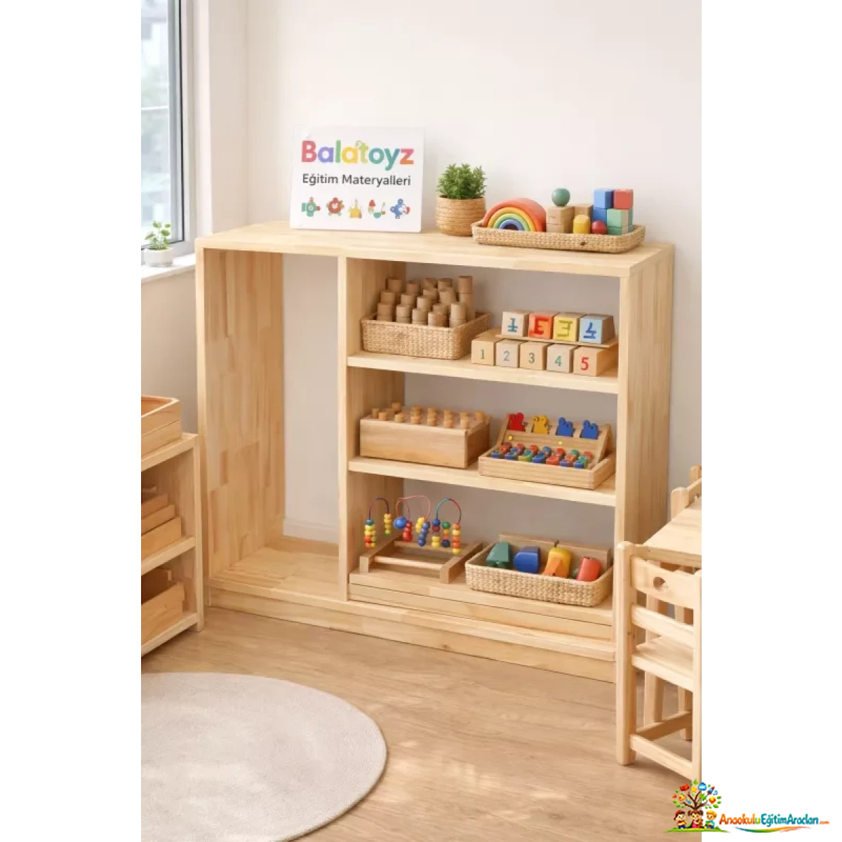 Montessori Duyu ve Etkinlik Dolabı – 115x85x35 cm Açık Raflı Ahşap Dolap