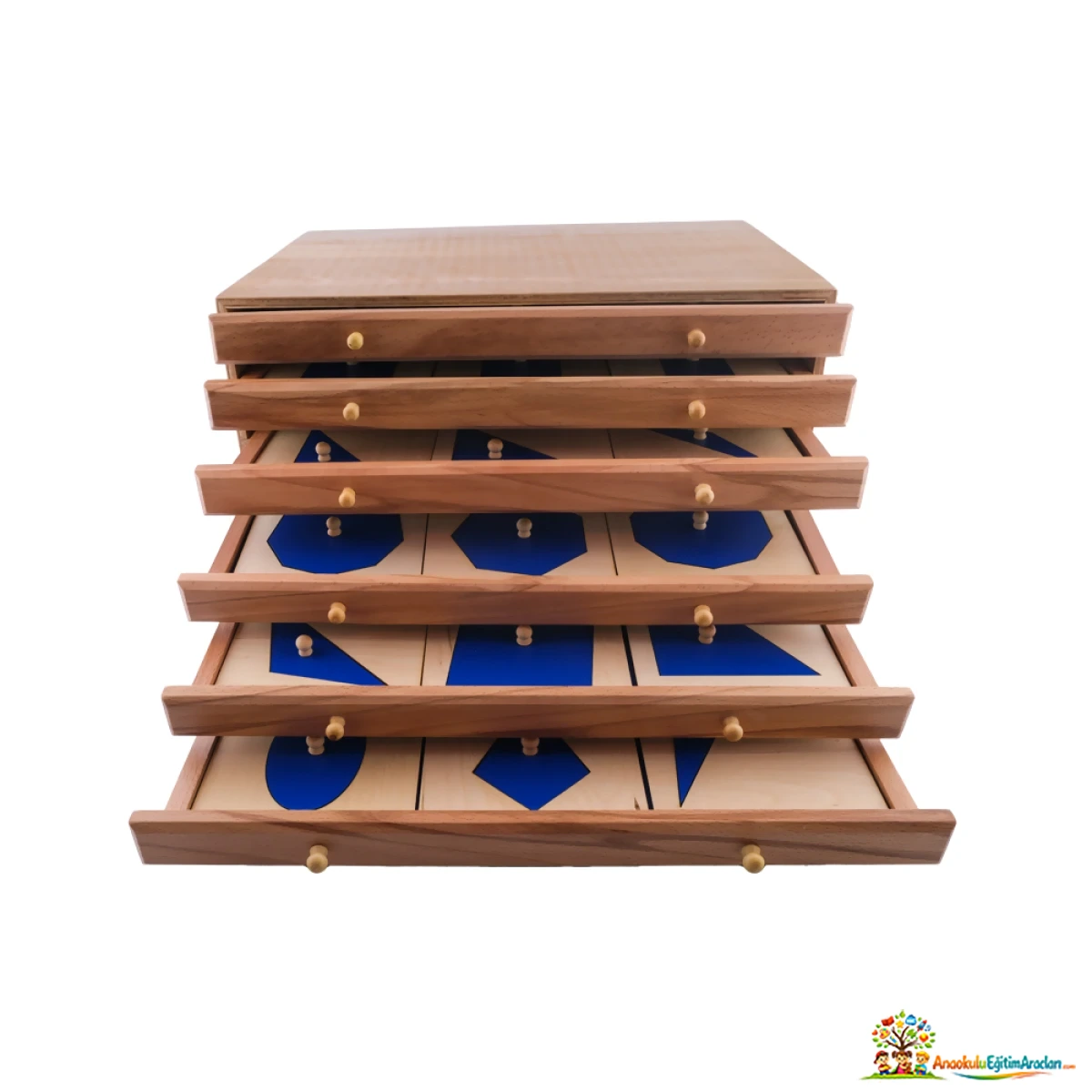 Montessori Geometrik Çekmeceler – 5 Çekmeceli Ahşap Duyu ve Şekil Materyali GCD-826