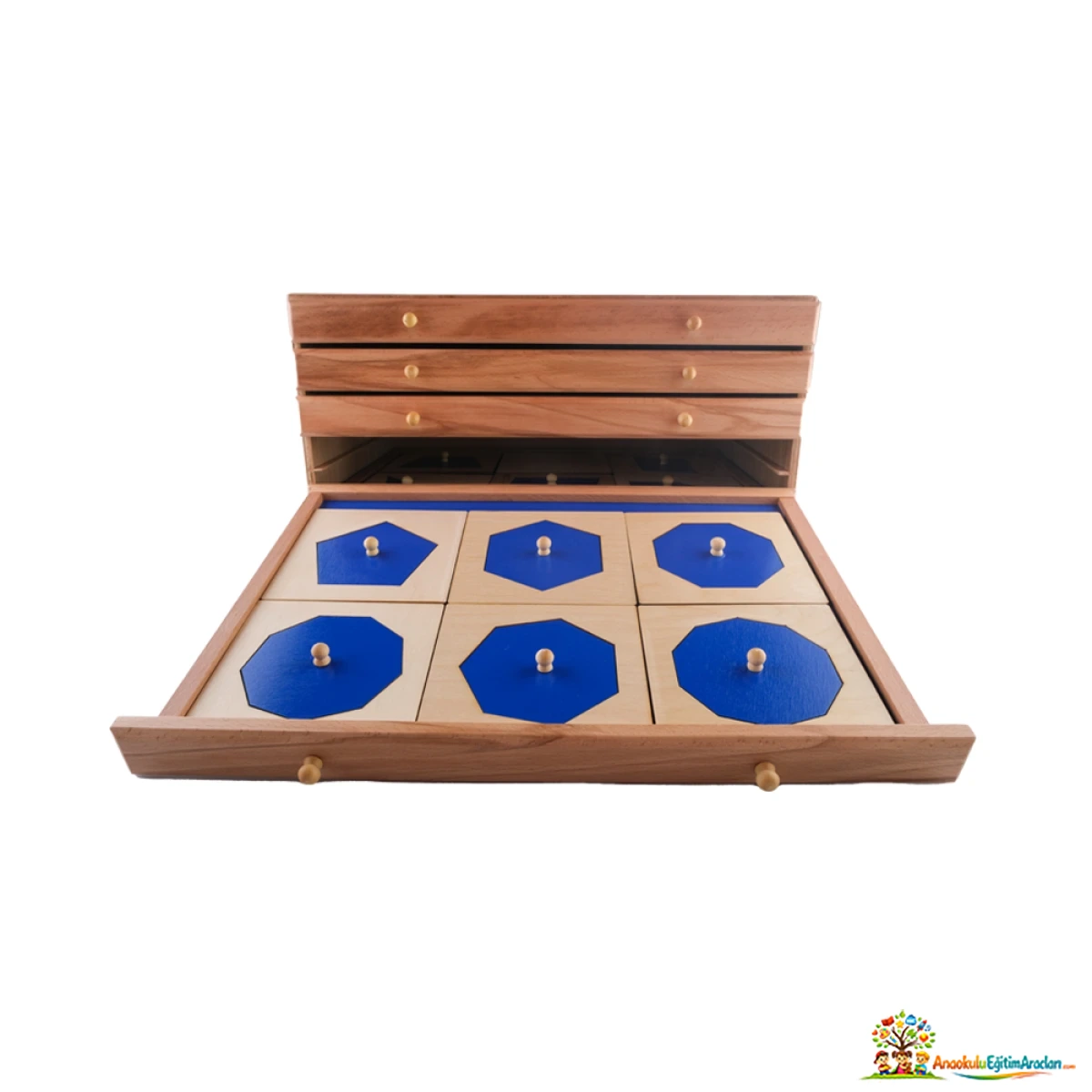 Montessori Geometrik Çekmeceler – 5 Çekmeceli Ahşap Duyu ve Şekil Materyali GCD-826