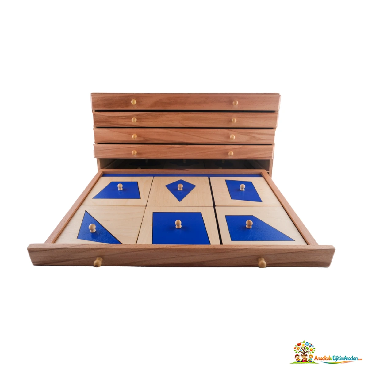 Montessori Geometrik Çekmeceler – 5 Çekmeceli Ahşap Duyu ve Şekil Materyali GCD-826