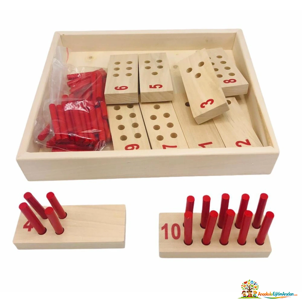 Montessori Kırmızı Sayı Çubukları – 1-10 Sembol-Miktar Eşleştirme Seti KSC-918