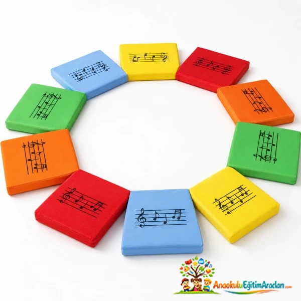 Müzik Dolu Renkler Notalı Minder – Anaokulu ve Kreş İçin 40x40 cm Etkinlik Minderi