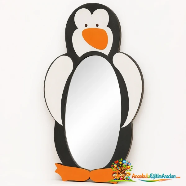 Penguen Figürlü Ahşap Boy Aynası 140x65 cm Anaokulu ve Kreş Aynası