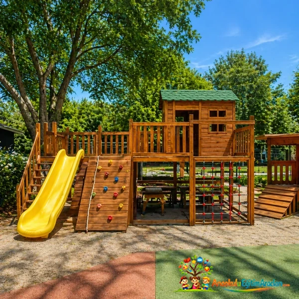 Ahşap Evli Kaydıraklı ve Tırmanmalı Çocuk Oyun Parkı