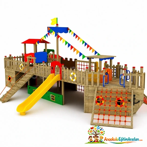 Ahşap Gemi Temalı Çocuk Oyun Parkı (Kaydıraklı & Tırmanma Alanlı)