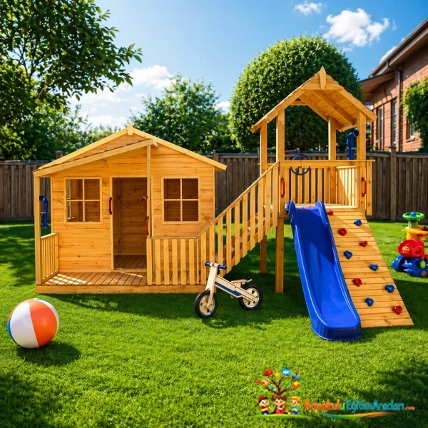 Ahşap Kaydıraklı Çocuk Oyun Evi (Tırmanma & Platformlu)