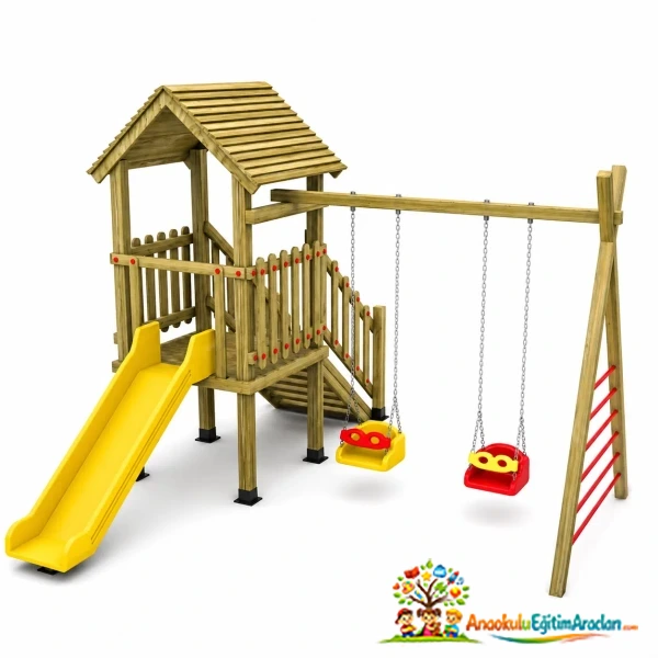 Ahşap Kaydıraklı ve Salıncaklı Çocuk Oyun Parkı