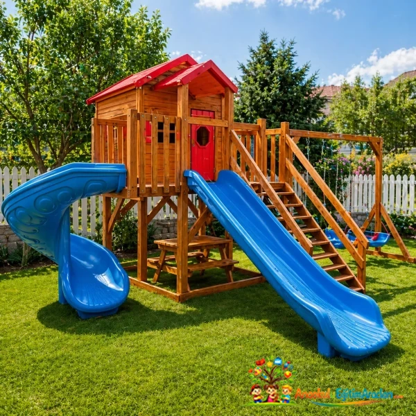Ahşap Kuleli Kaydıraklı ve Çift Salıncaklı Oyun Parkı